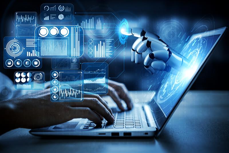 ai powered data automation with robotic system interacting with digital analytics interface