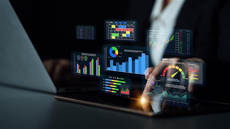 data analysis dashboard showing business insights charts and performance metrics on laptop
